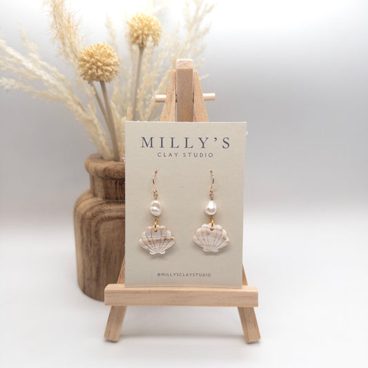 Striped Shell and Freshwater Pearl Earrings