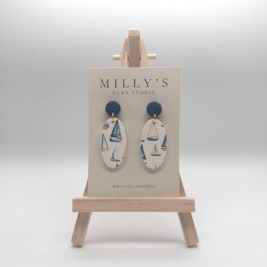 Sail Boat Oval Dangle Earrings