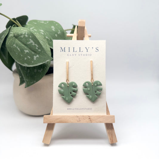 Monstera Leaf Long Bar Earrings